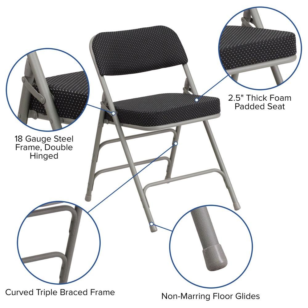 HERCULES Series Premium Curved Triple Braced & Double Hinged Black Pin-Dot Fabric Metal Folding Chair. Picture 3