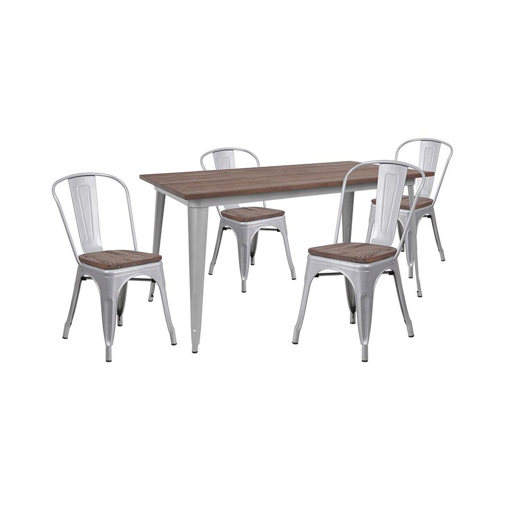 0.25" x 60" Silver Metal Table Set with Wood Top and 4 Stack Chairs. Picture 1