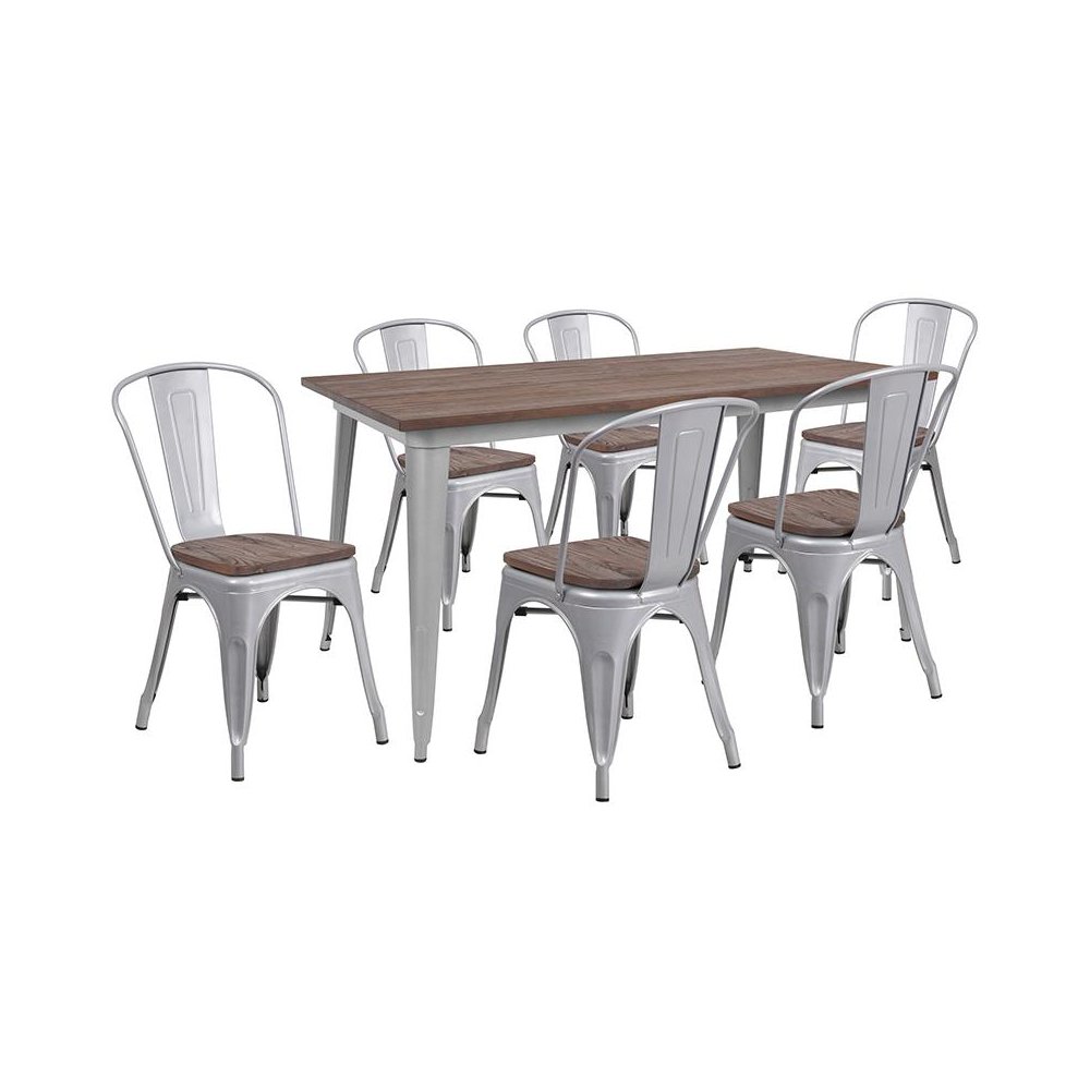 0.25" x 60" Silver Metal Table Set with Wood Top and 6 Stack Chairs. Picture 1