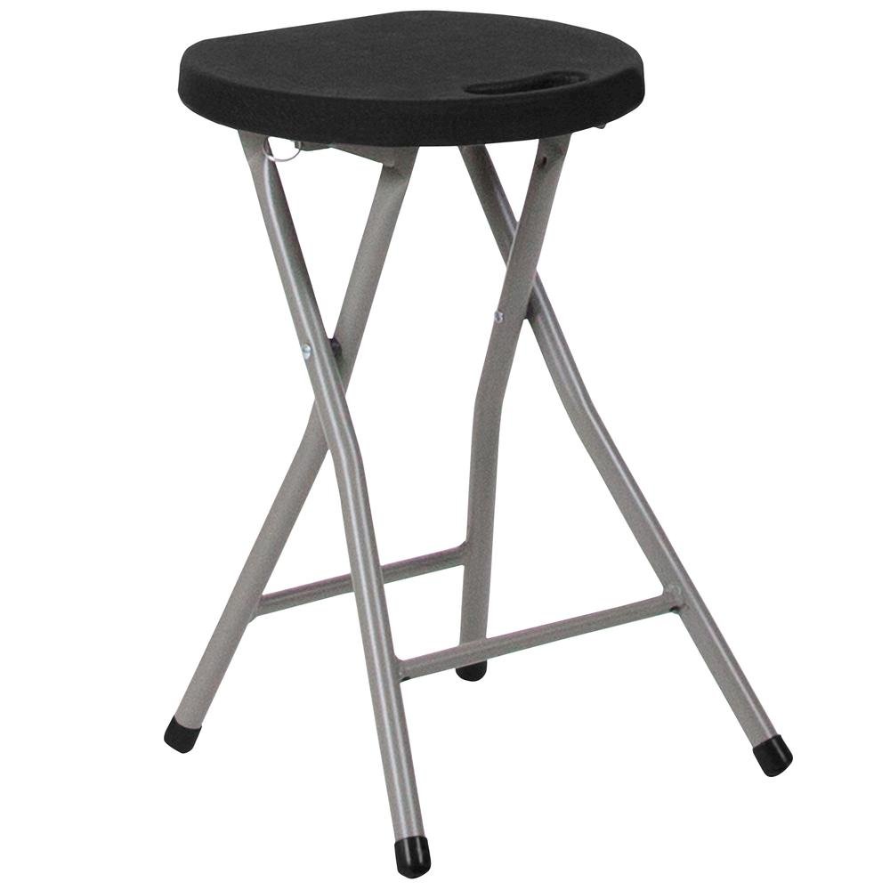 Foldable Stool with Black Plastic Seat and Titanium Gray Frame. Picture 1