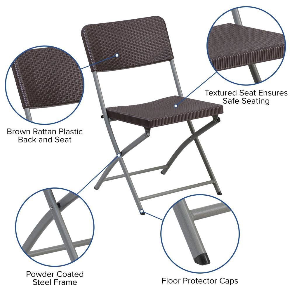 HERCULES Series Brown Rattan Plastic Folding Chair with Gray Frame. Picture 3