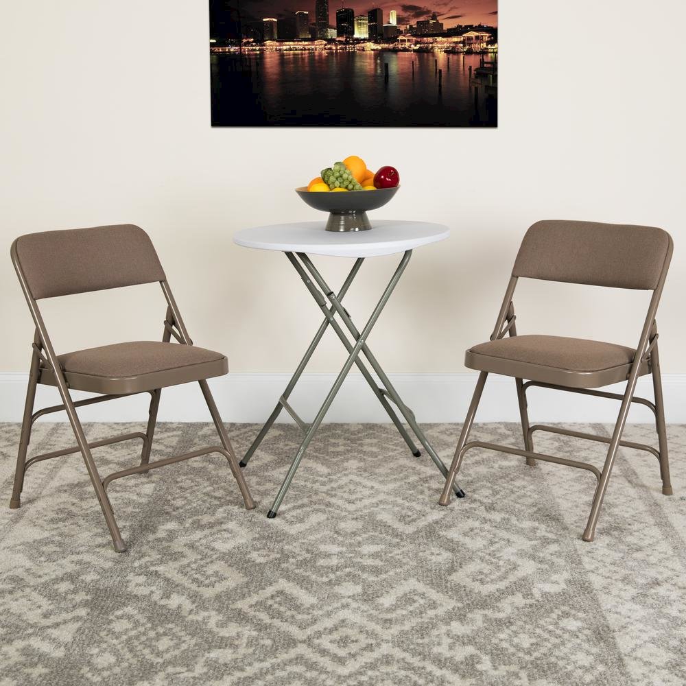 HERCULES Series Curved Triple Braced & Double Hinged Beige Fabric Metal Folding Chair. Picture 2
