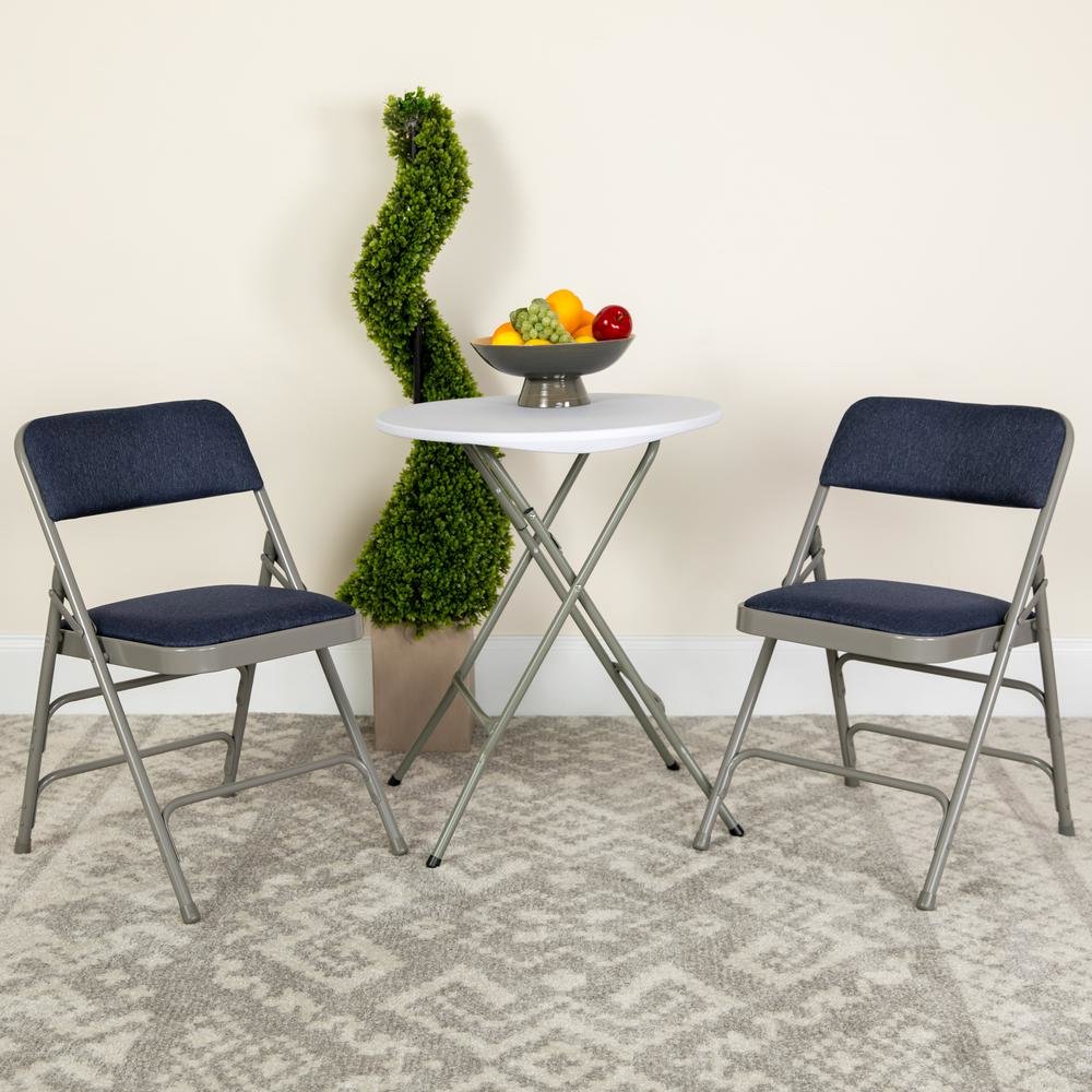 HERCULES Series Curved Triple Braced & Double Hinged Navy Fabric Metal Folding Chair. Picture 2