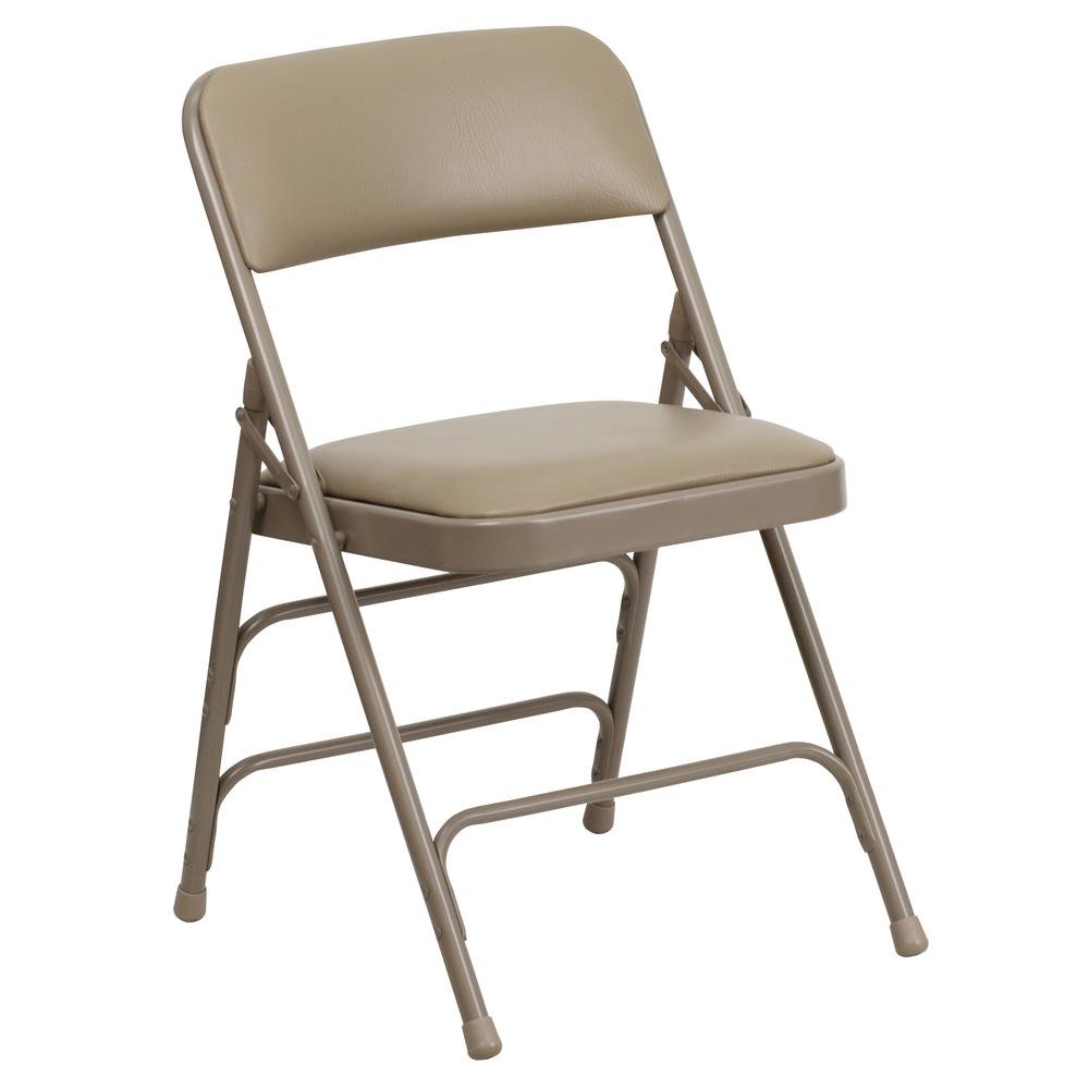 HERCULES Series Curved Triple Braced & Double Hinged Beige Vinyl Metal Folding Chair. Picture 1
