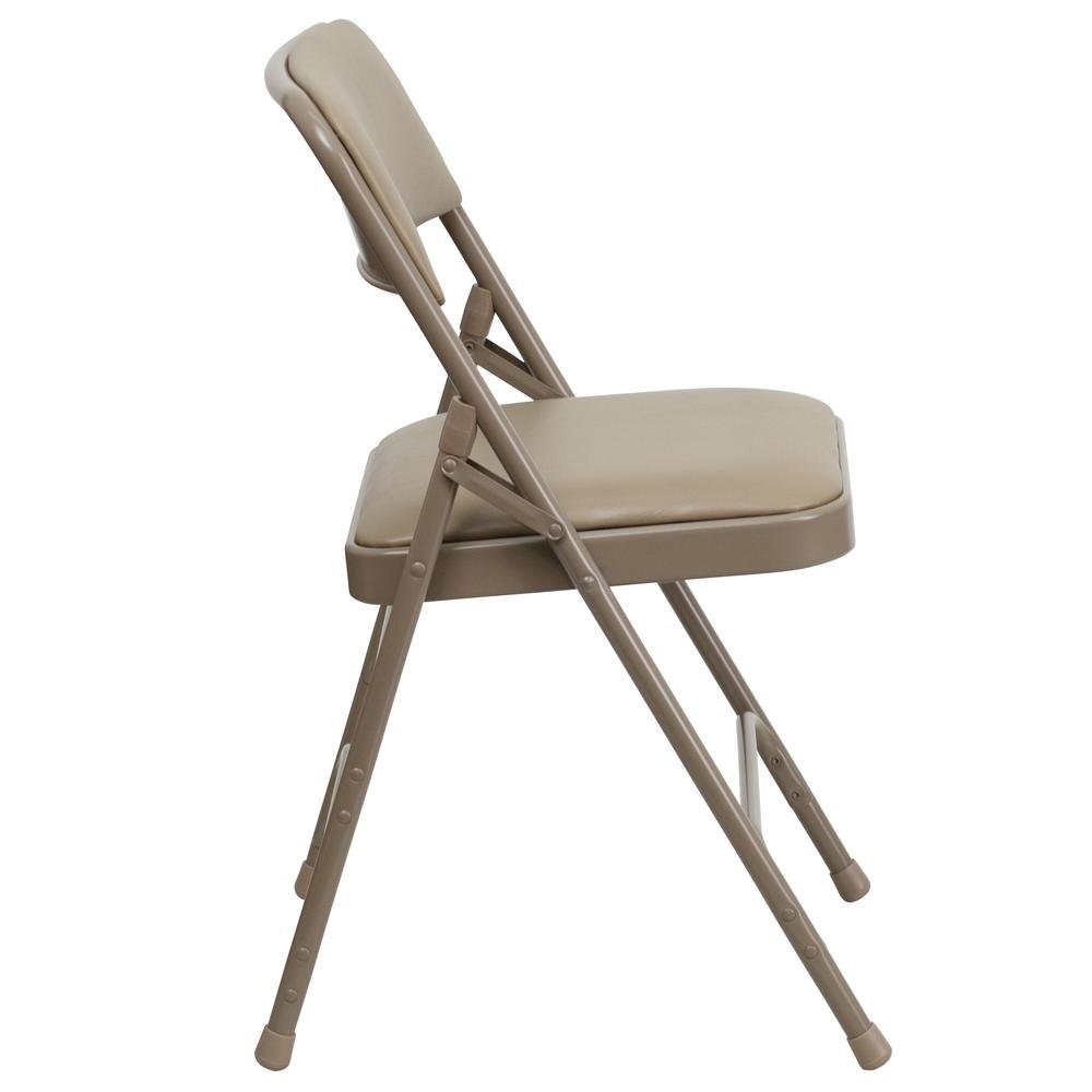 HERCULES Series Curved Triple Braced & Double Hinged Beige Vinyl Metal Folding Chair. Picture 3