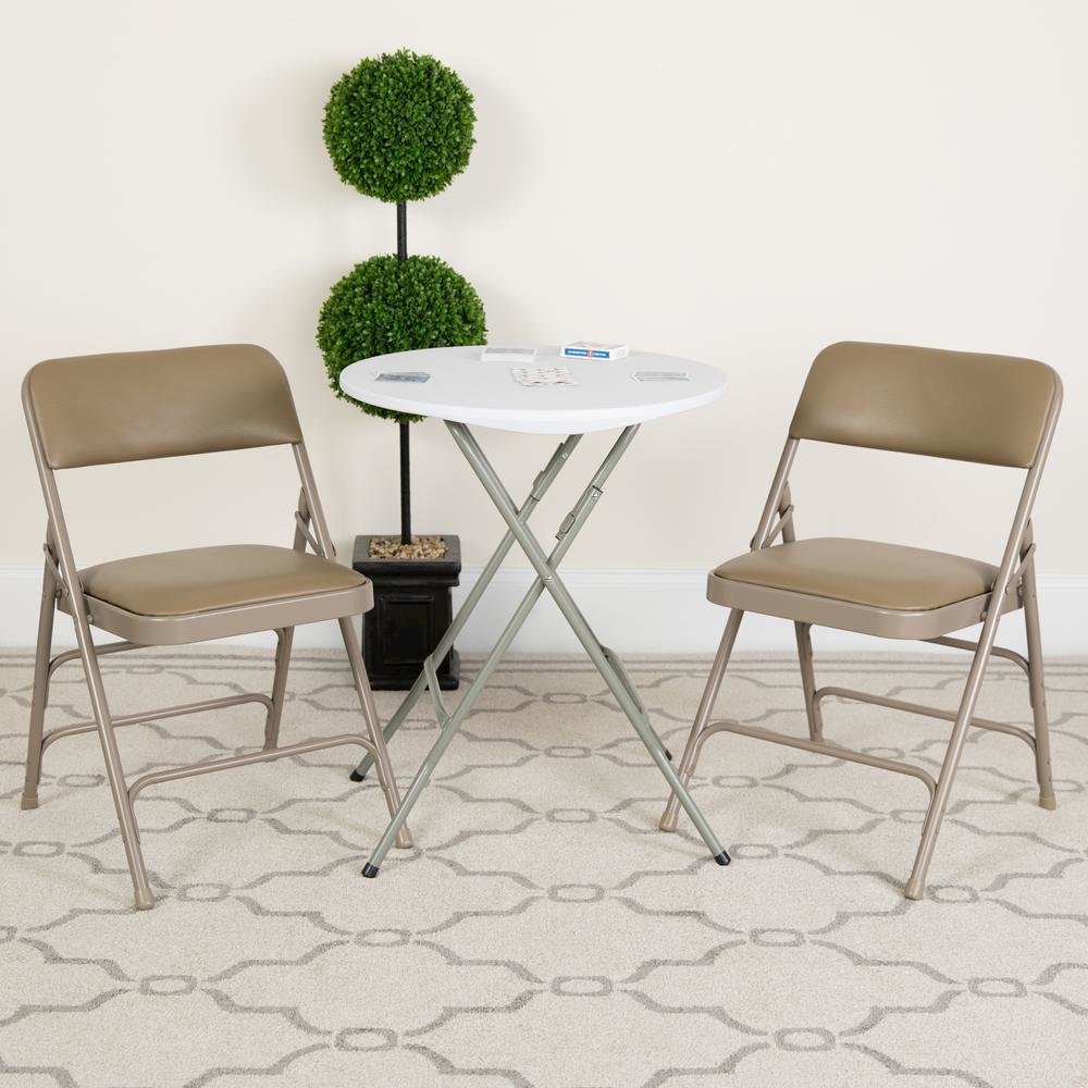 HERCULES Series Curved Triple Braced & Double Hinged Beige Vinyl Metal Folding Chair. Picture 2