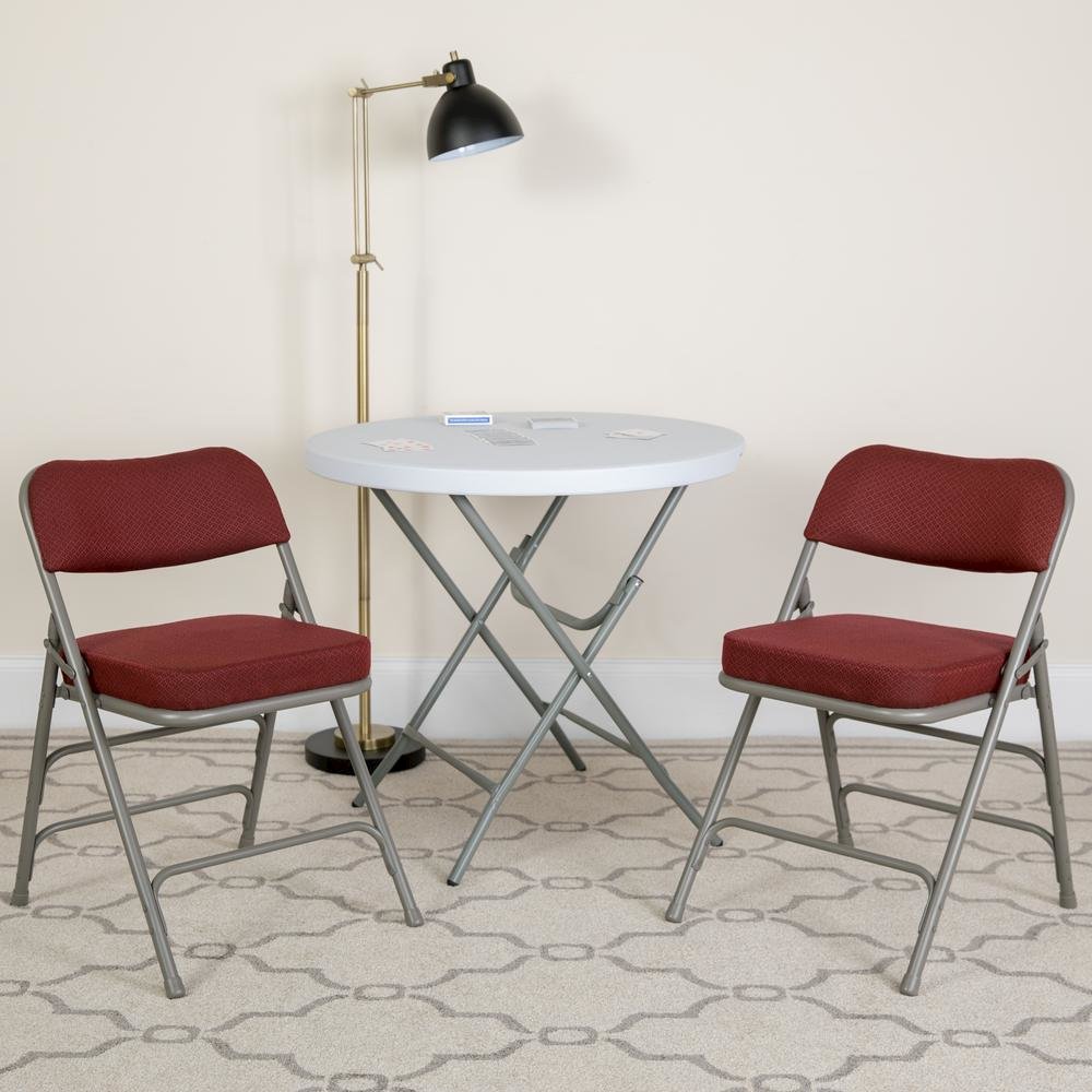 HERCULES Series Premium Curved Triple Braced & Double Hinged Burgundy Fabric Metal Folding Chair. Picture 2