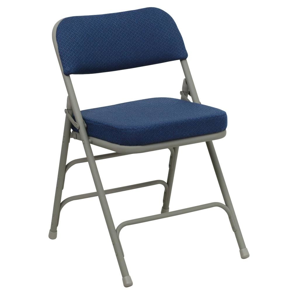 HERCULES Series Premium Curved Triple Braced & Double Hinged Navy Fabric Metal Folding Chair. Picture 1