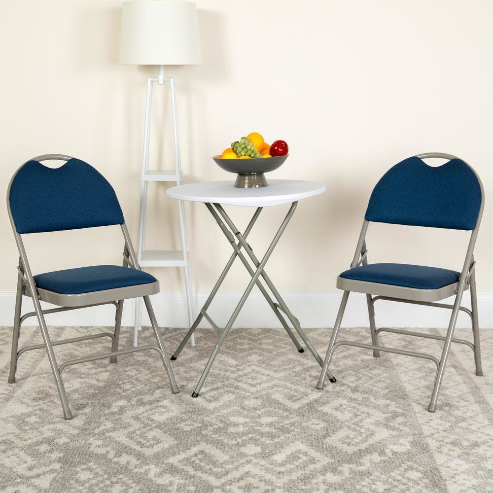 HERCULES Series Ultra-Premium Triple Braced Navy Fabric Metal Folding Chair with Easy-Carry Handle. Picture 2