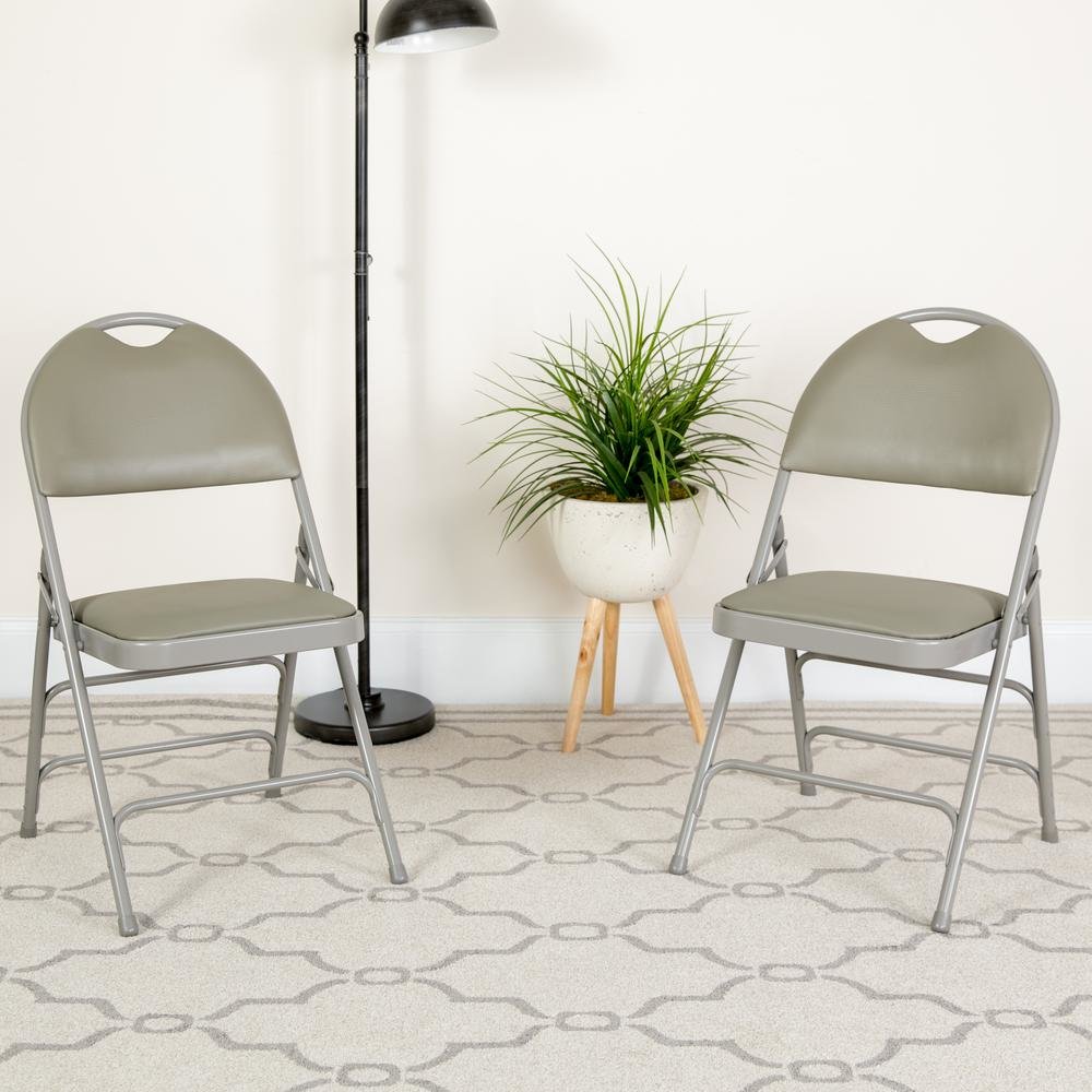 HERCULES Series Ultra-Premium Triple Braced Gray Vinyl Metal Folding Chair with Easy-Carry Handle. Picture 2