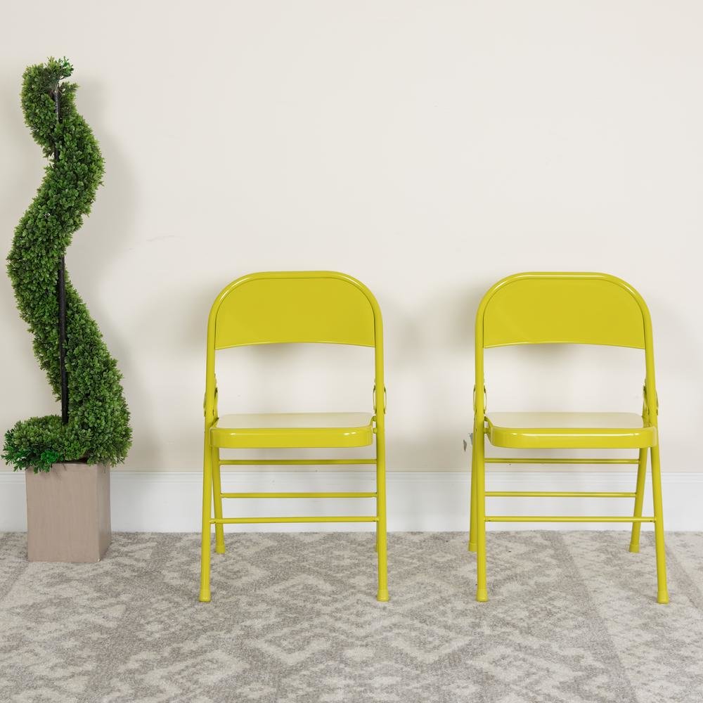 HERCULES COLORBURST Series Twisted Citron Triple Braced & Double Hinged Metal Folding Chair. Picture 2