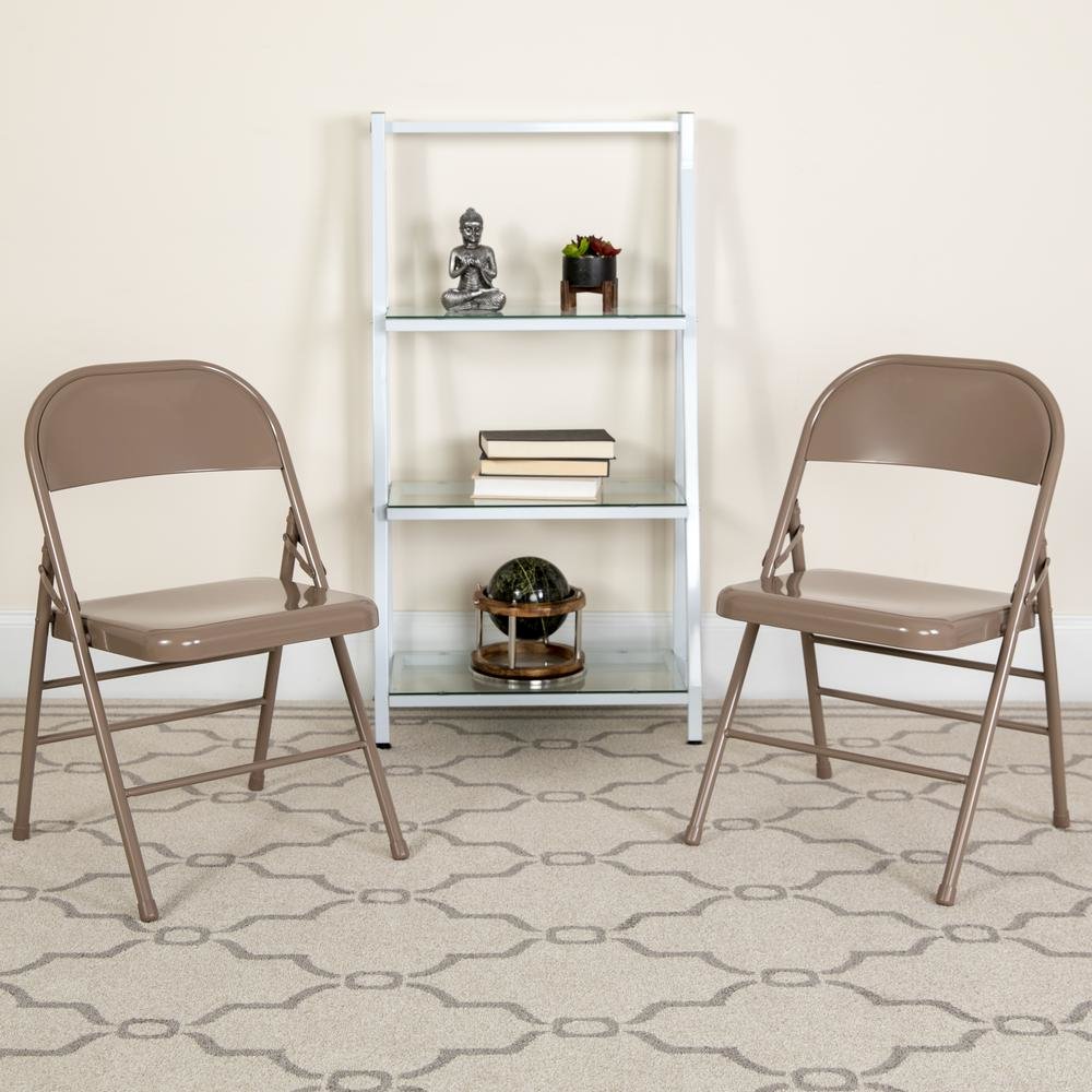 HERCULES Series Triple Braced & Double Hinged Beige Metal Folding Chair. Picture 2