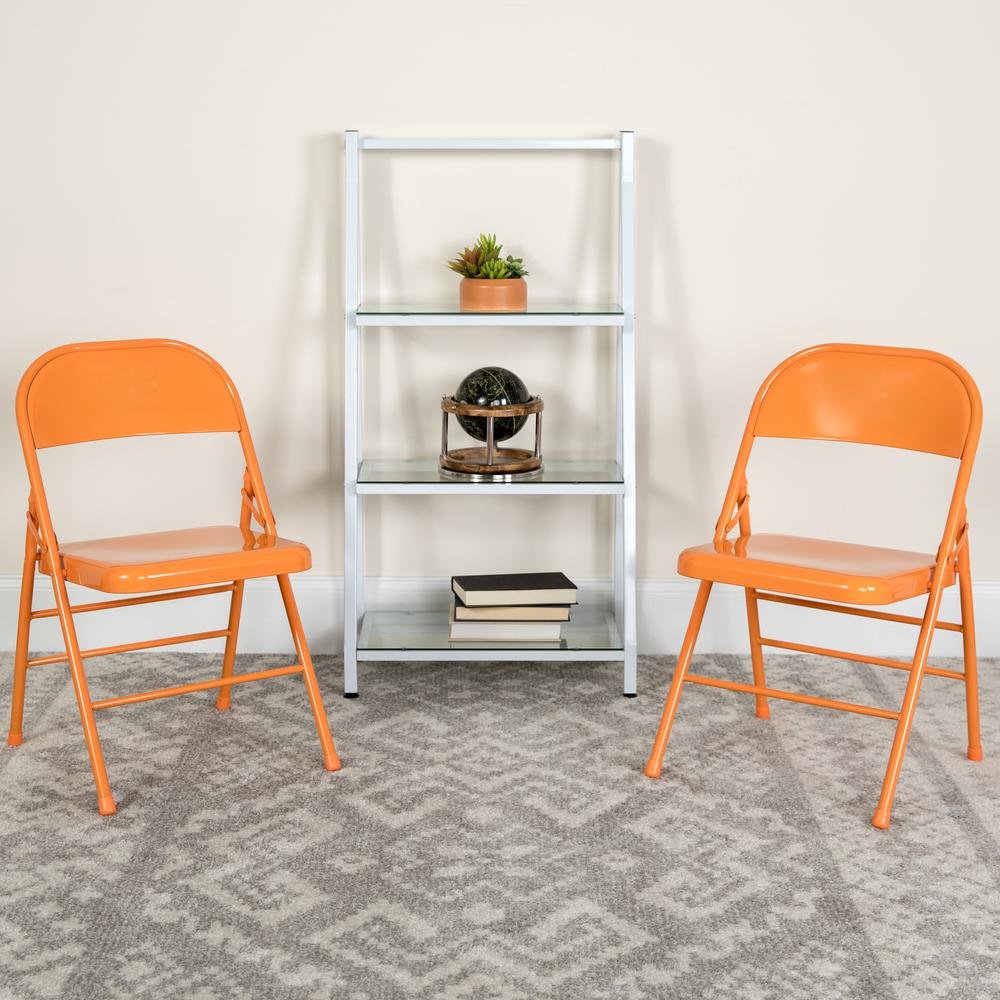HERCULES COLORBURST Series Orange Marmalade Triple Braced & Double Hinged Metal Folding Chair. Picture 2