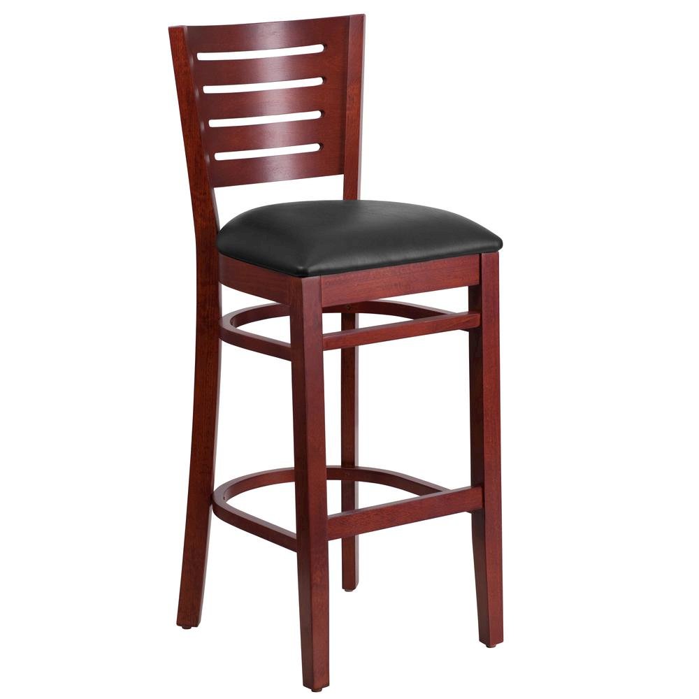 Slat Back Mahogany Wood Restaurant Barstool - Black Vinyl Seat. Picture 1