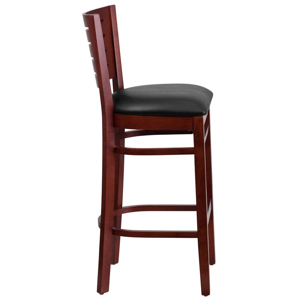 Slat Back Mahogany Wood Restaurant Barstool - Black Vinyl Seat. Picture 2