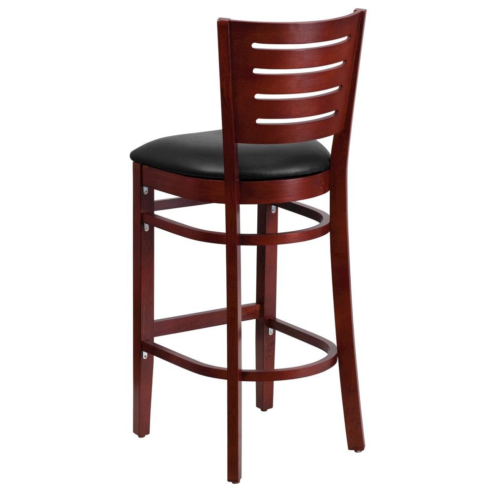 Slat Back Mahogany Wood Restaurant Barstool - Black Vinyl Seat. Picture 3