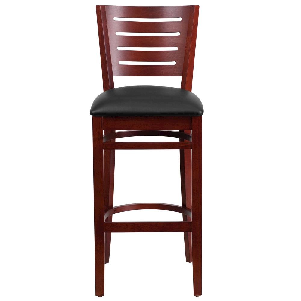 Slat Back Mahogany Wood Restaurant Barstool - Black Vinyl Seat. Picture 4
