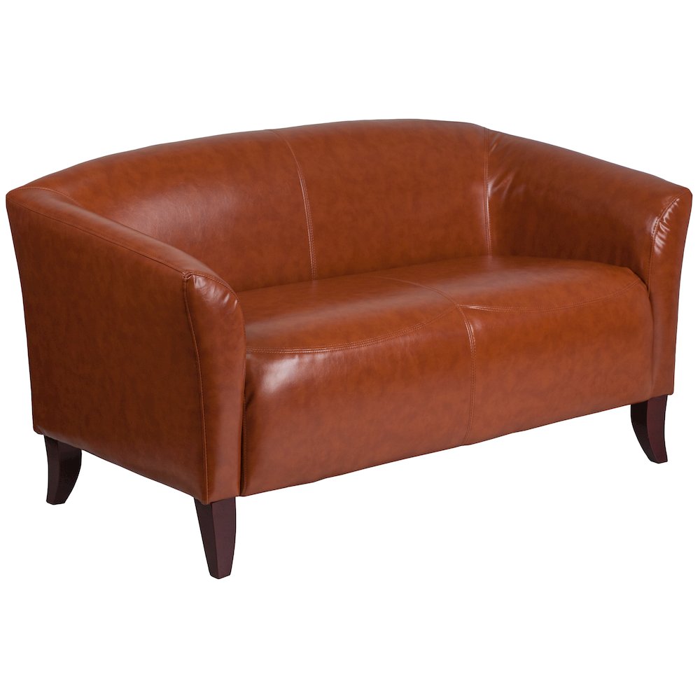 Cognac LeatherSoft Loveseat with Cherry Wood Feet. Picture 1