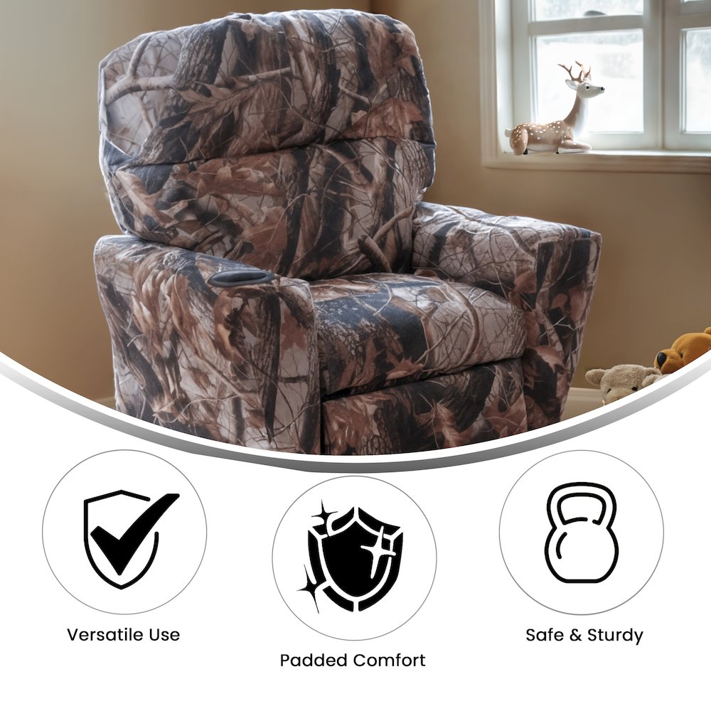 Contemporary Camouflaged Fabric Kids Recliner with Cup Holder. Picture 8