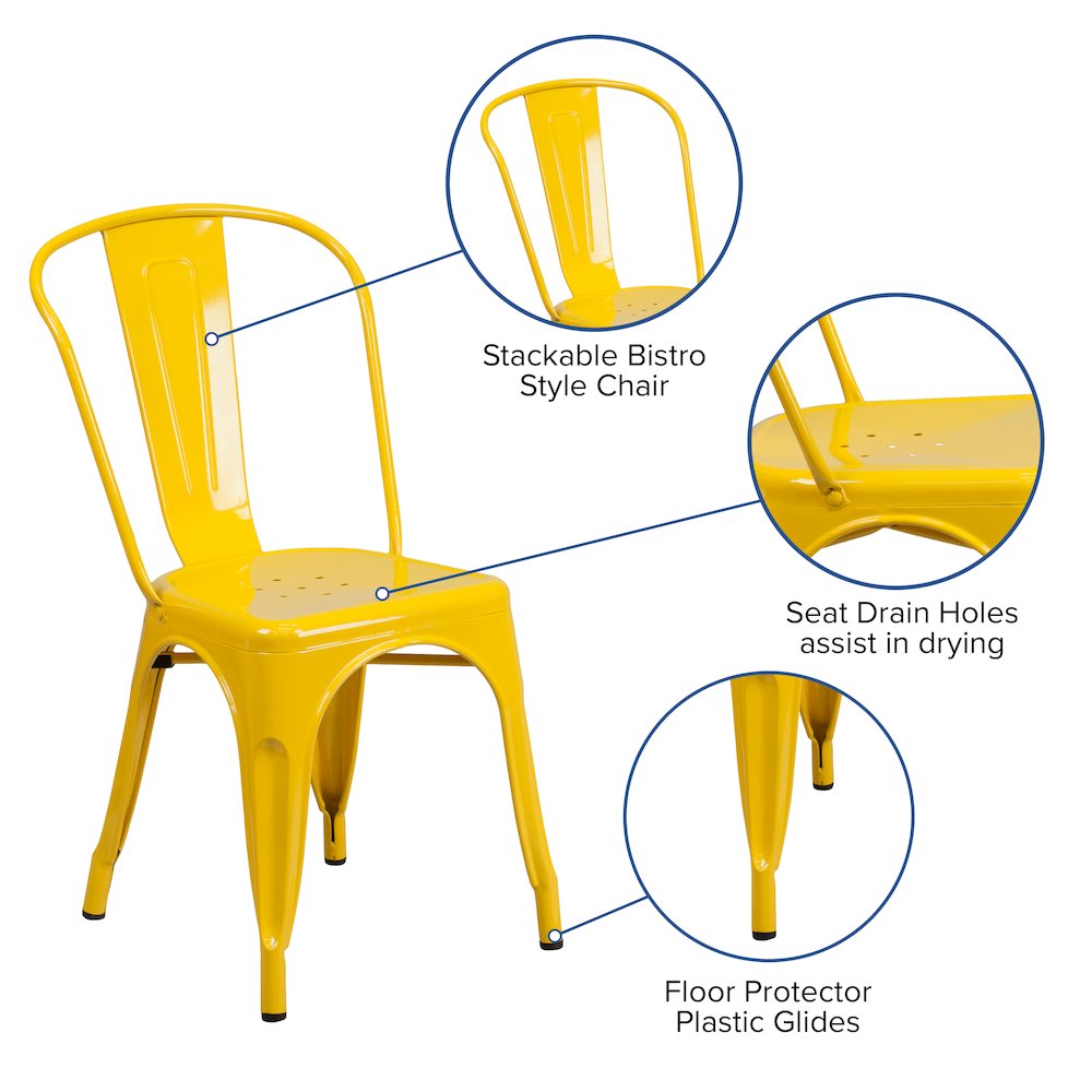 31.5" Square Yellow Metal Indoor-Outdoor Table Set with 4 Stack Chairs. Picture 2