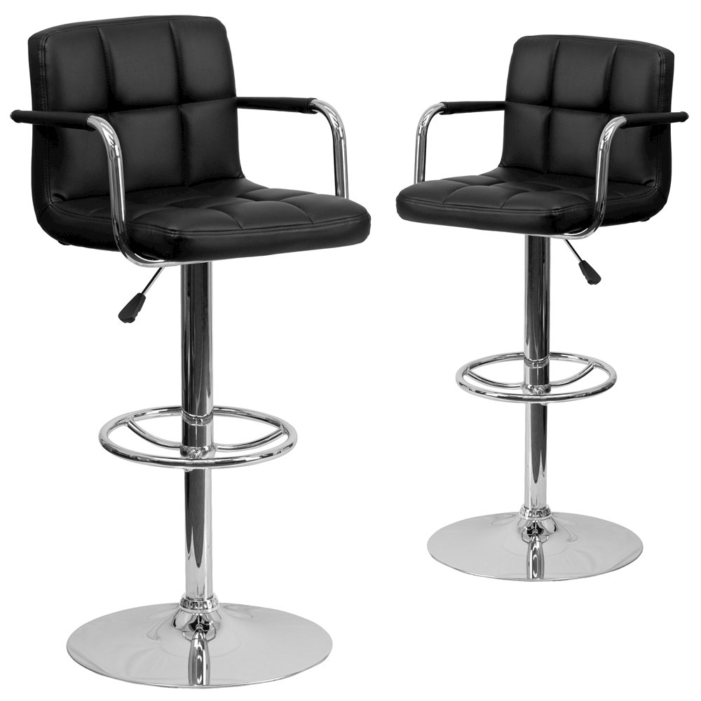 2 Pk. Black Quilted Vinyl Adjustable Height Barstool with Arms and Chrome Base. Picture 1