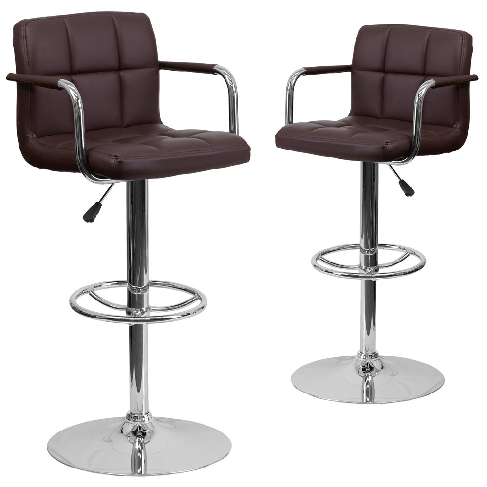 2 Pk. Brown Quilted Vinyl Adjustable Height Barstool with Arms and Chrome Base. Picture 1