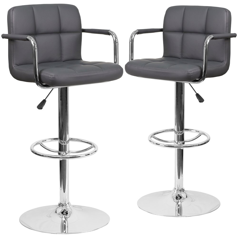 2 Pk. Gray Quilted Vinyl Adjustable Height Barstool with Arms and Chrome Base. Picture 1