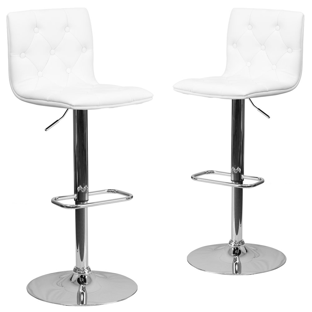 2 Pk. Tufted White Vinyl Adjustable Height Barstool with Chrome Base. Picture 1