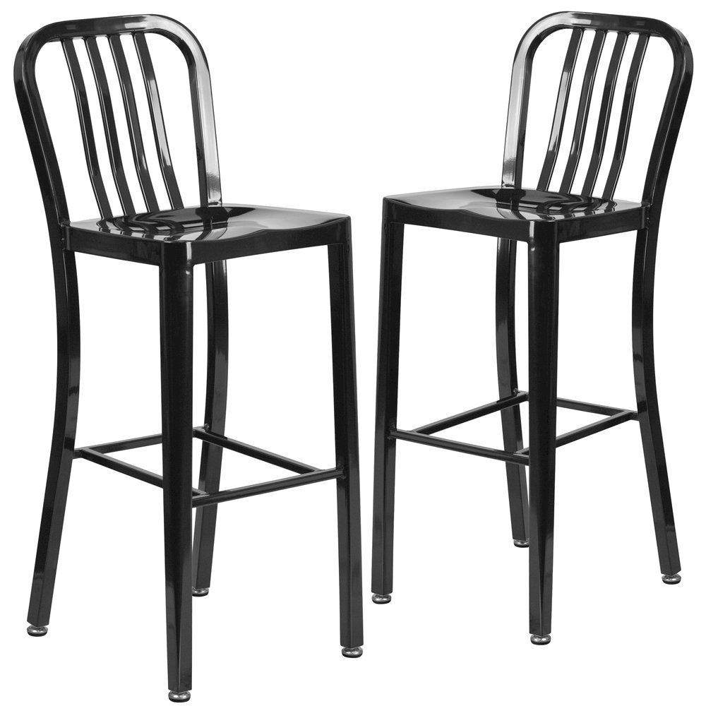 2 Pk. 30'' High Black Metal Indoor-Outdoor Barstool with Vertical Slat Back. Picture 1