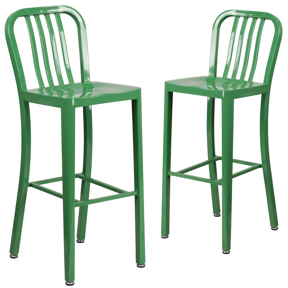 2 Pk. 30'' High Green Metal Indoor-Outdoor Barstool with Vertical Slat Back. Picture 1