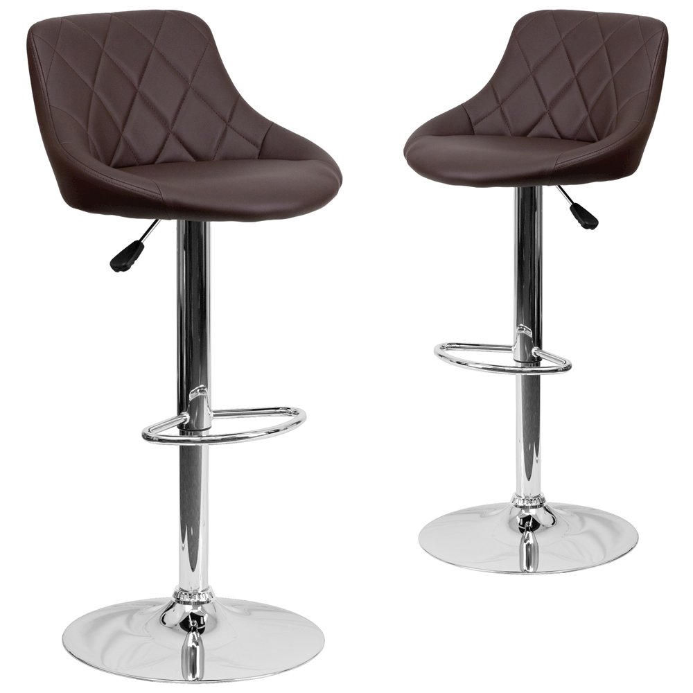 2 Pk. Brown Vinyl Bucket Seat Adjustable Height Barstool with Chrome Base. Picture 1