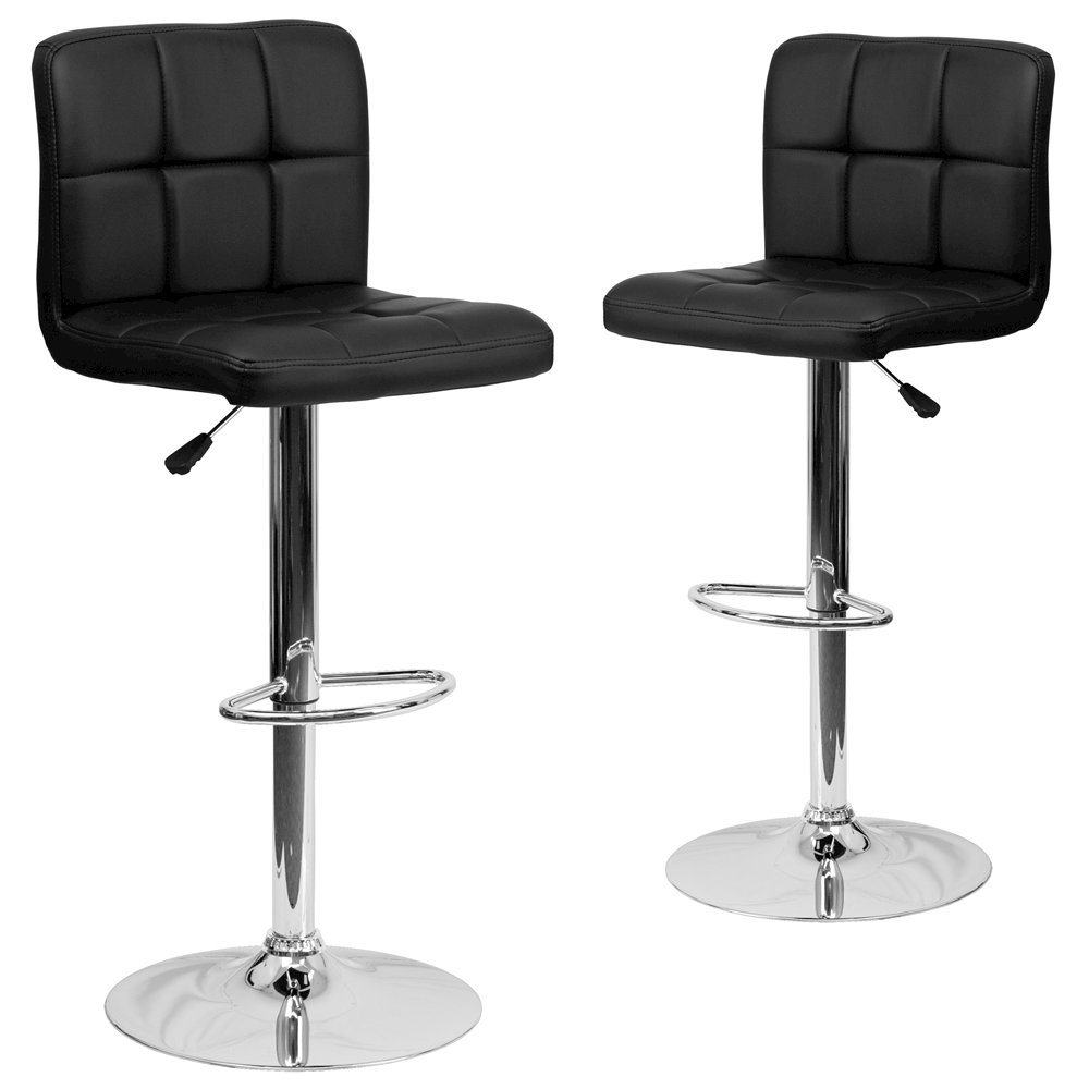 2 Pk. Black Quilted Vinyl Adjustable Height Barstool with Chrome Base. Picture 1