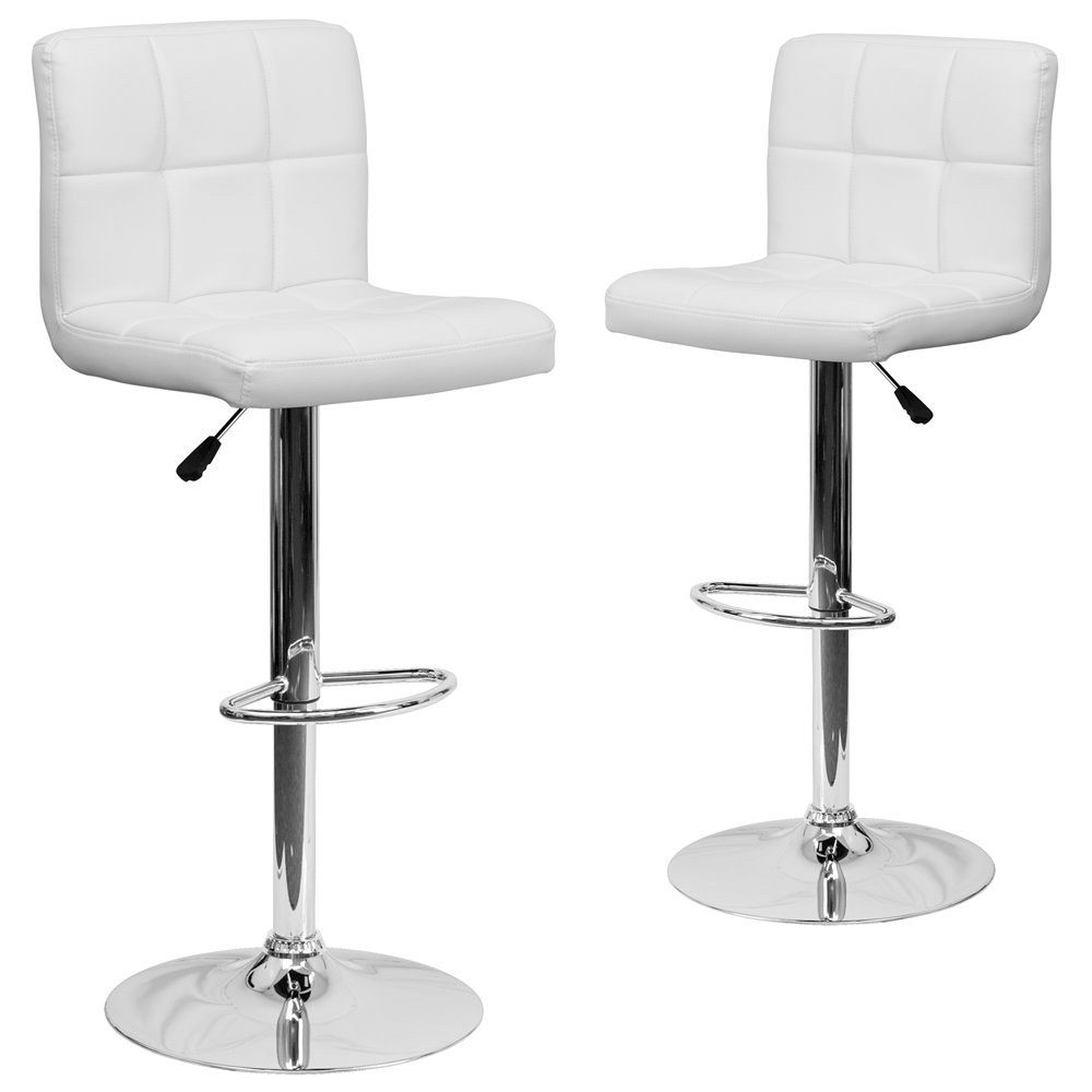 2 Pk. White Quilted Vinyl Adjustable Height Barstool with Chrome Base. Picture 1