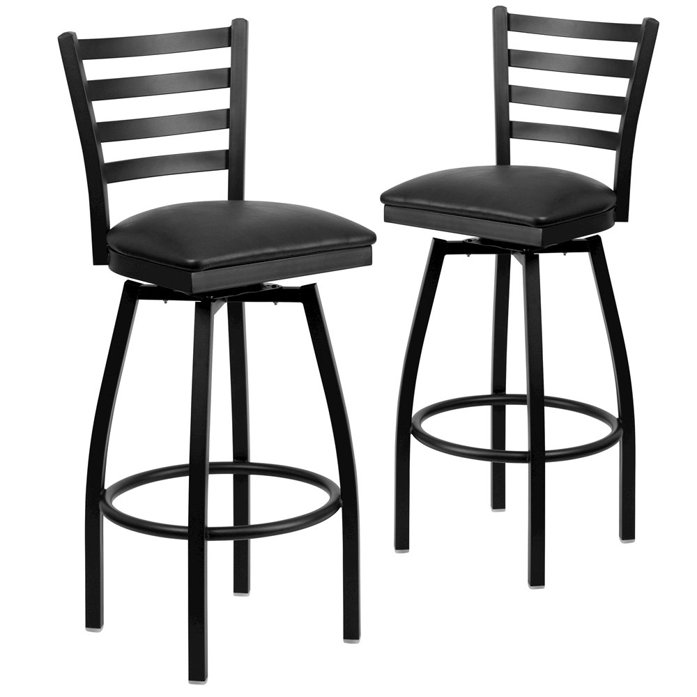 2 Pk. HERCULES Series Black Ladder Back Swivel Metal Barstool - Black Vinyl Seat. Picture 1