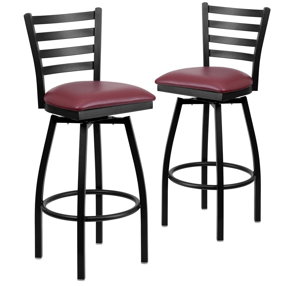 2 Pk. Black Ladder Back Swivel Metal Barstool - Burgundy Vinyl Seat. Picture 1