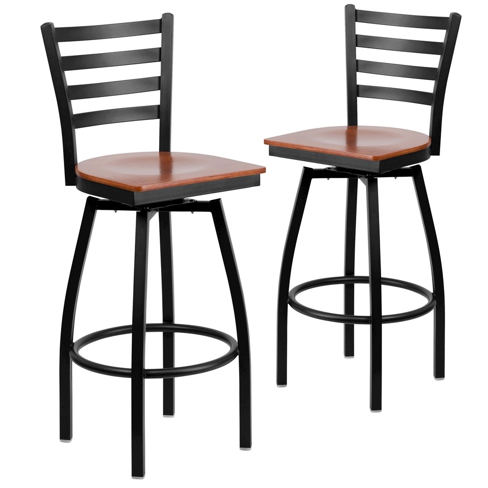 2 Pk. HERCULES Series Black Ladder Back Swivel Metal Barstool - Cherry Wood Seat. Picture 1