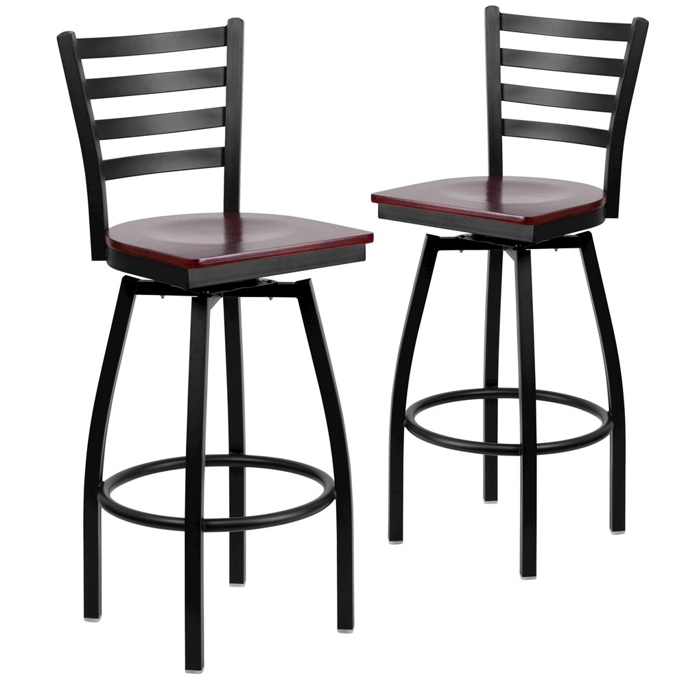 2 Pk. Black Ladder Back Swivel Metal Barstool - Mahogany Wood Seat. Picture 1