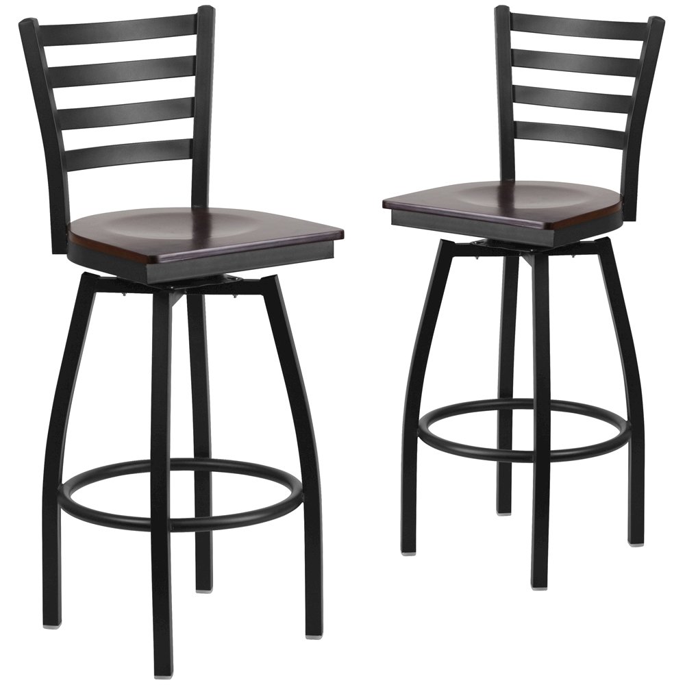 2 Pk. HERCULES Series Black Ladder Back Swivel Metal Barstool - Walnut Wood Seat. Picture 1