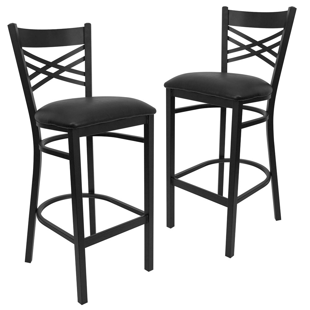 2 Pk. Black ''X'' Back Metal Restaurant Barstool - Black Vinyl Seat. Picture 1