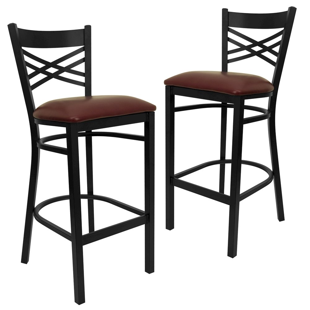 2 Pk. Black ''X'' Back Metal Restaurant Barstool - Burgundy Vinyl Seat. Picture 1