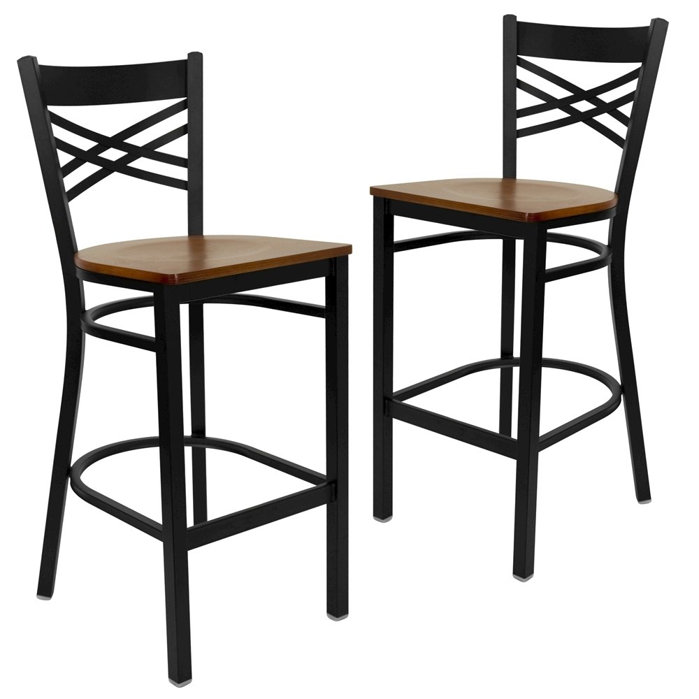 2 Pk. Black ''X'' Back Metal Restaurant Barstool - Cherry Wood Seat. Picture 1