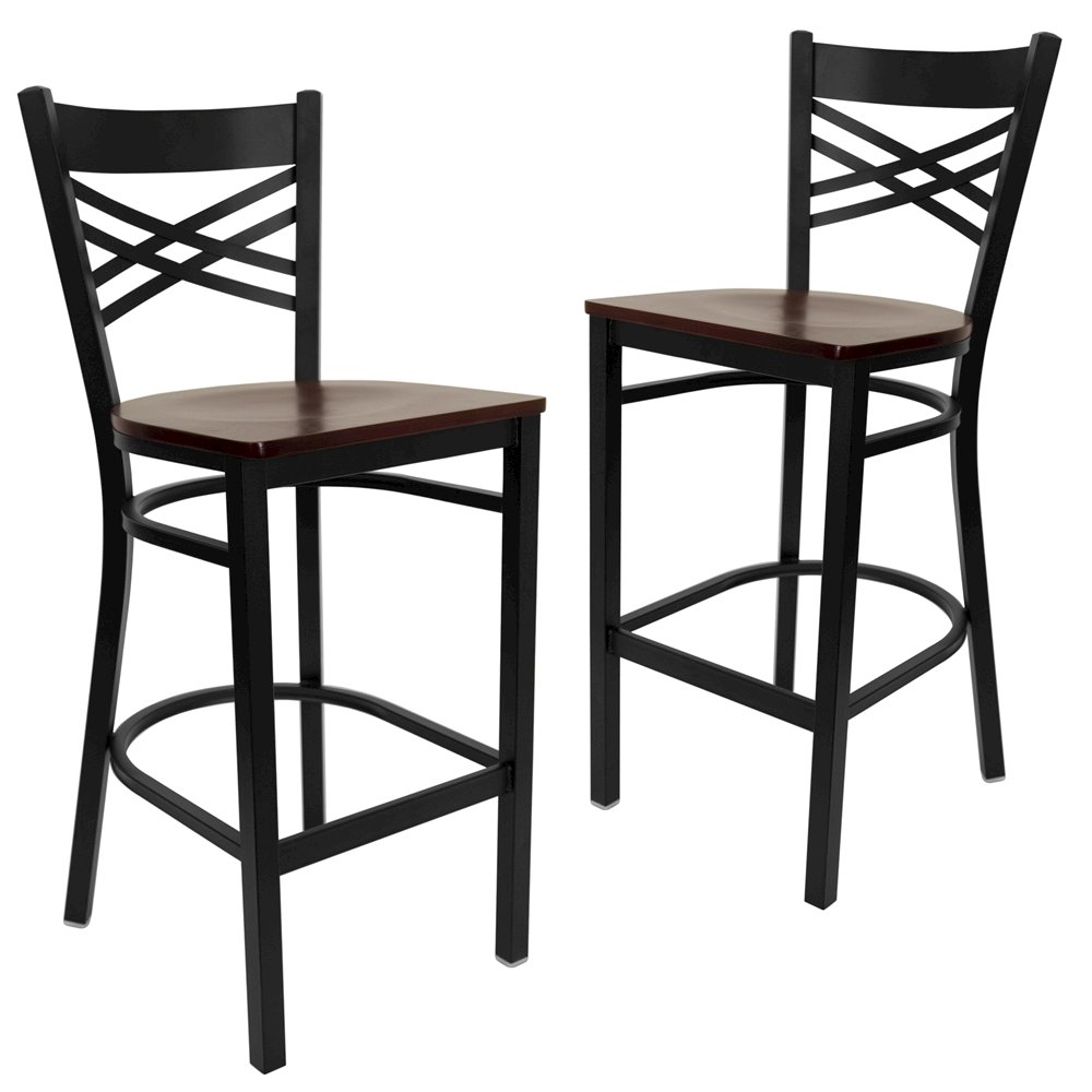 2 Pk. Black ''X'' Back Metal Restaurant Barstool - Mahogany Wood Seat. Picture 1