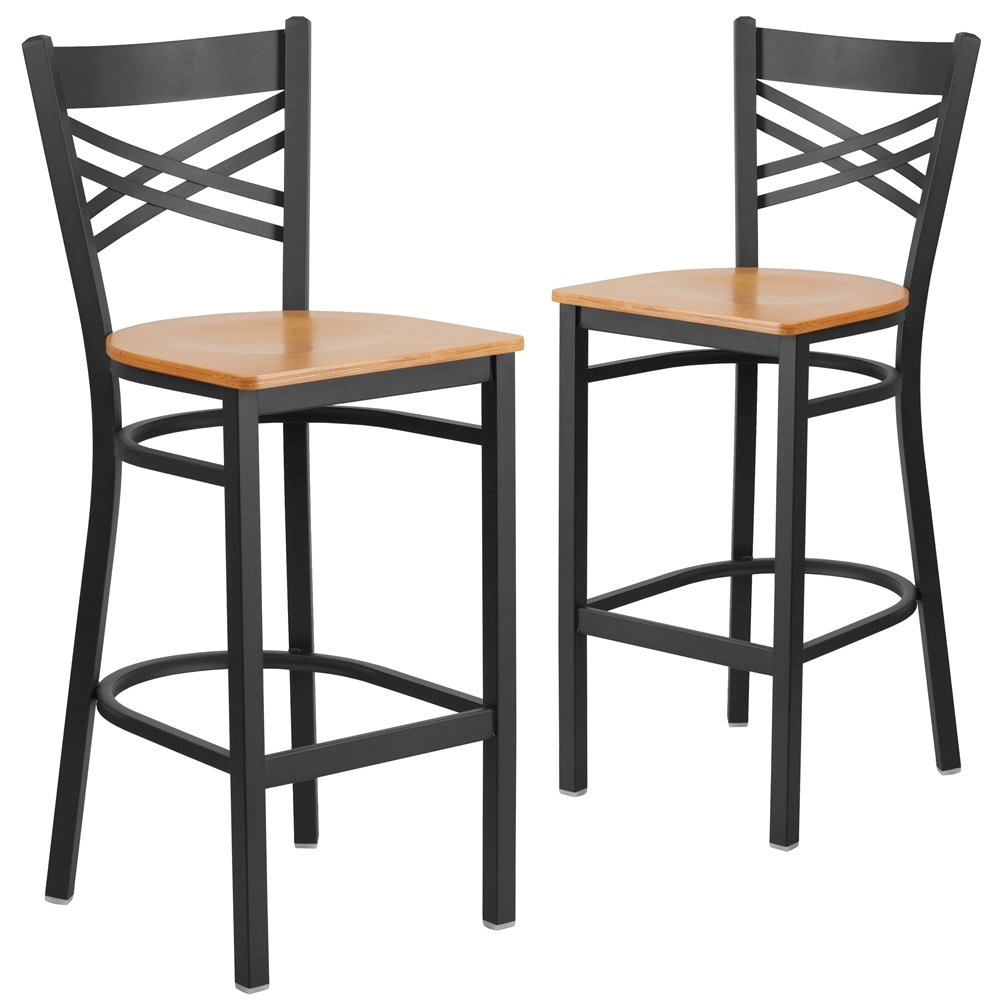 2 Pk. Black ''X'' Back Metal Restaurant Barstool - Natural Wood Seat. Picture 1