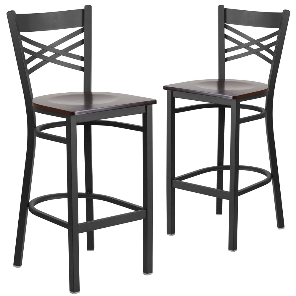 2 Pk. Black ''X'' Back Metal Restaurant Barstool - Walnut Wood Seat. Picture 1