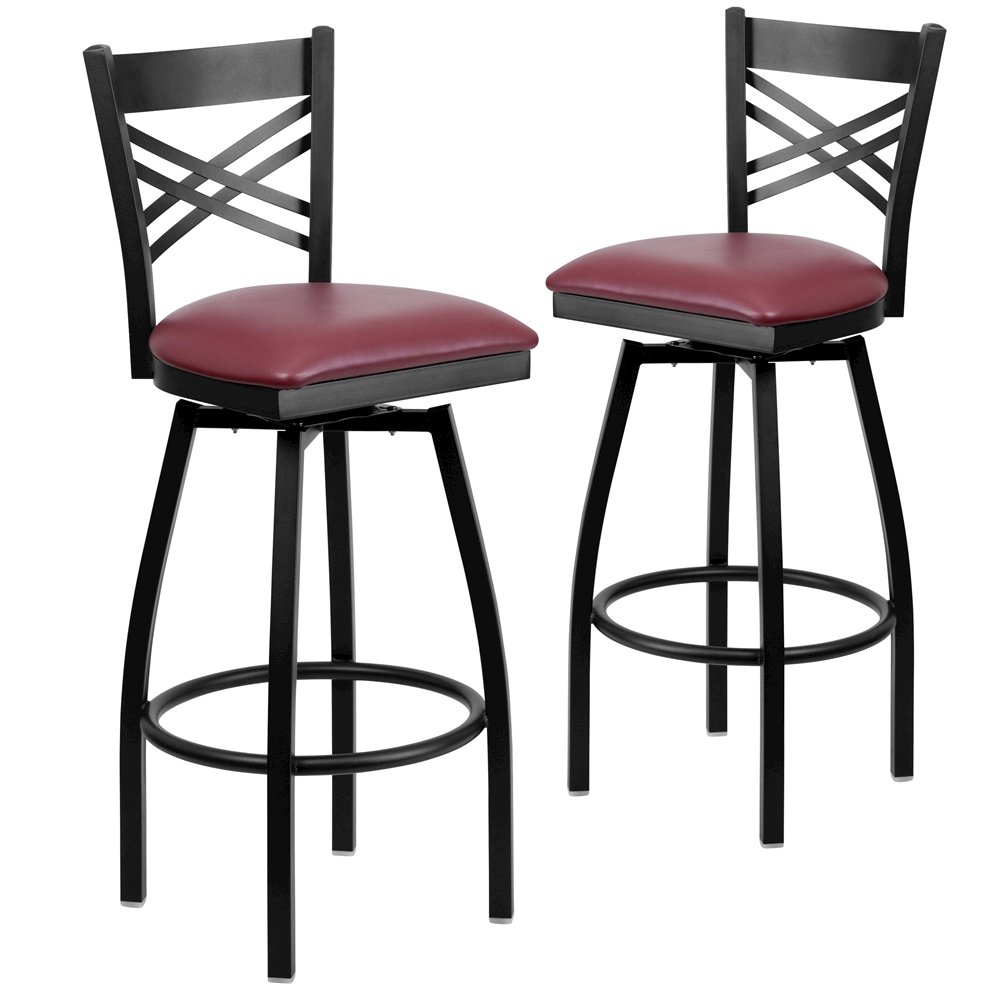 2 Pk. Black ''X'' Back Swivel Metal Barstool - Burgundy Vinyl Seat. Picture 1