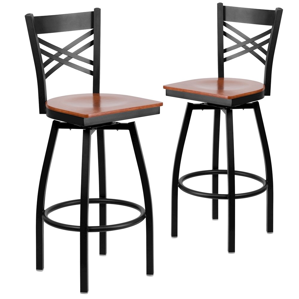 2 Pk. HERCULES Series Black ''X'' Back Swivel Metal Barstool - Cherry Wood Seat. Picture 1