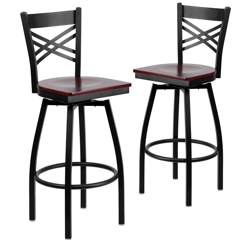 2 Pk. Black ''X'' Back Swivel Metal Barstool - Mahogany Wood Seat. Picture 1