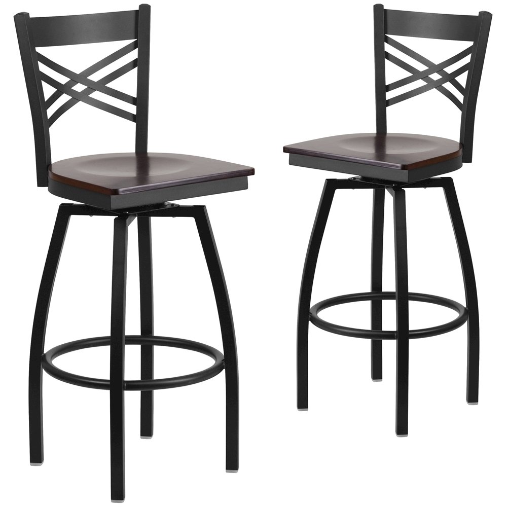 2 Pk. HERCULES Series Black ''X'' Back Swivel Metal Barstool - Walnut Wood Seat. Picture 1