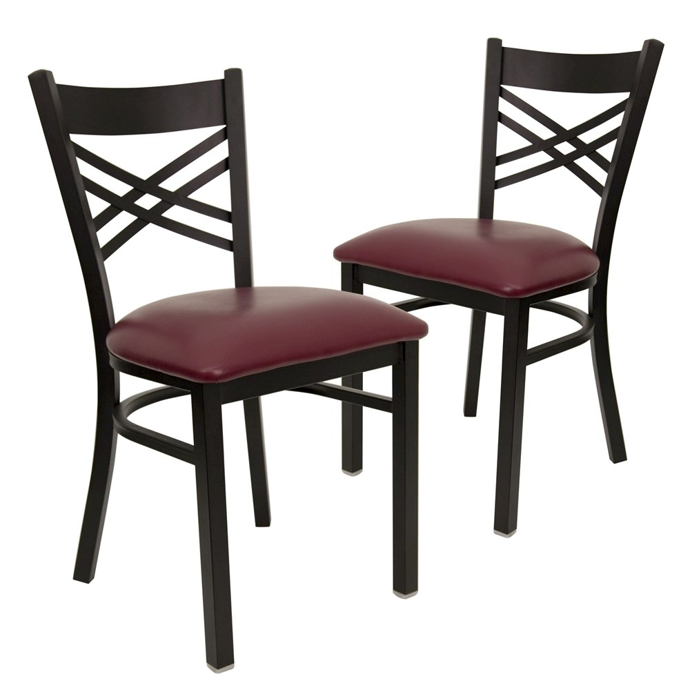 2 Pk. Black ''X'' Back Metal Restaurant Chair - Burgundy Vinyl Seat. Picture 1