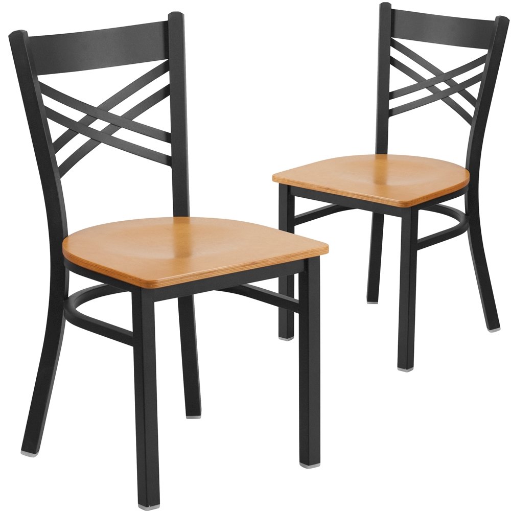 2 Pk. Black ''X'' Back Metal Restaurant Chair - Natural Wood Seat. Picture 1